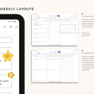 May include: Two digital weekly planner layouts on a tablet screen. The first layout is a weekly calendar with a grid for daily tasks and notes. The second layout is a weekly review with four sections for reflection on the week. The text "01. WEEKLY PLAN" and "02. WEEKLY REVIEW" is visible on the screen.