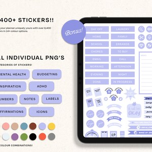 May include: Digital planner stickers in various colors and categories, including mental health, budgeting, and affirmations. The image shows a tablet screen with stickers for daily tasks, notes, and labels. The text on the screen says "8,400+ STICKERS!!" and "ALL INDIVIDUAL PNG'S".
