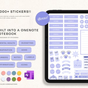 May include: A digital planner with over 8,400 stickers in 10+ color options. The stickers are organized into 9 categories: mental health, budgeting, inspiration, ADHD, numbers, notes, labels, affirmations, and icons. The planner is built into a OneNote notebook. The image shows a purple and white color scheme.