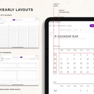 May include: A digital calendar app interface showing a year at a glance view with links to weeks and individual days. The calendar is for the year 2025 and starts on a Monday. The app also includes sections for yearly finances and yearly/long-term goals.