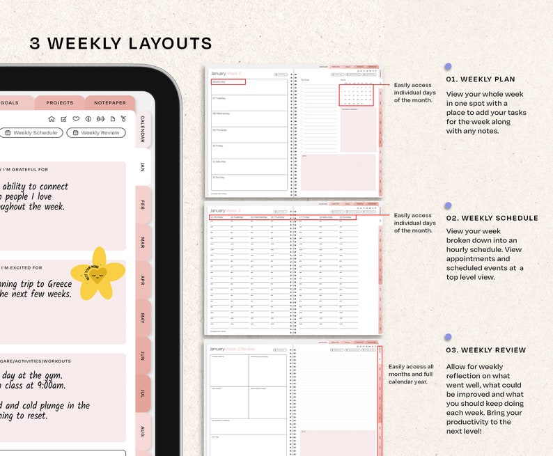 May include: A digital planner with three weekly layouts: Weekly Plan, Weekly Schedule, and Weekly Review. The planner includes sections for goals, projects, and notepaper. The color scheme is primarily white and pink, with text in black.