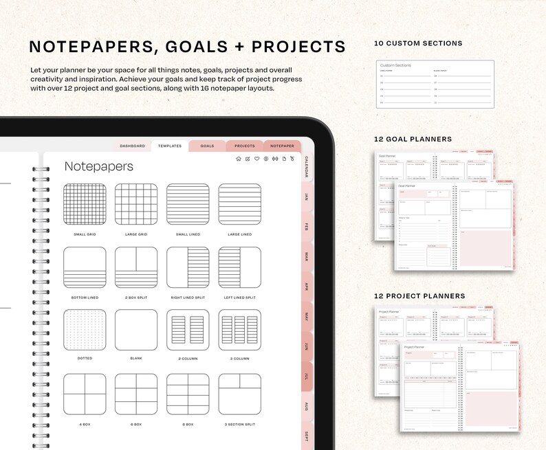 May include: Digital planner with the text "NOTEPAPERS, GOALS + PROJECTS." The planner includes 10 custom sections, 12 goal planners, and 12 project planners. It features various notepaper layouts, including grid, lined, and box designs.