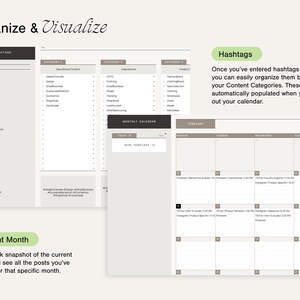 May include: A digital calendar planner with a monthly view, a section for hashtags, and a section for content categories. The calendar is for February and includes a list of hashtags for social media.