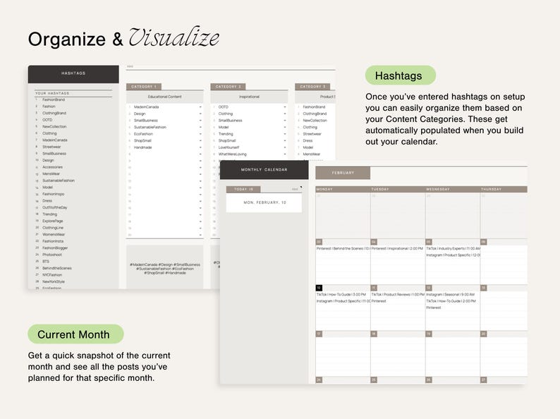 May include: A digital calendar planner with a monthly view, a section for hashtags, and a section for content categories. The calendar is for February and includes a list of hashtags for social media.