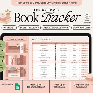 May include: A digital book tracker titled "The Ultimate Book Tracker", offering features such as wishlist and habit tracking. The tracker displays book entries, genre, and spice level. Includes a digital download icon. The tracker is compatible with audiobooks.