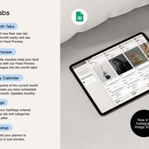 May include: A tablet computer displaying a digital planner with 15 tabs, including 12 monthly tabs, a feed preview, a monthly calendar, hashtags, and an easy setup tab. The tablet is on a white bedspread with a green spreadsheet icon in the top right corner. The text "New 4:5 Instagram Image Size!" is in a black circle at the bottom right corner.