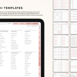 May include: A digital planner with a black cover and a spiral binding. The planner features various templates for health, finances, nutrition, fitness, productivity, and other life areas. The text "50+ TEMPLATES" is displayed at the top.