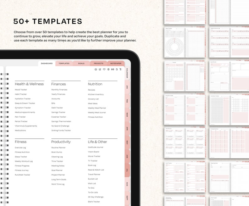 May include: A digital planner with a black cover and a spiral binding. The planner features various templates for health, finances, nutrition, fitness, productivity, and other life areas. The text "50+ TEMPLATES" is displayed at the top.