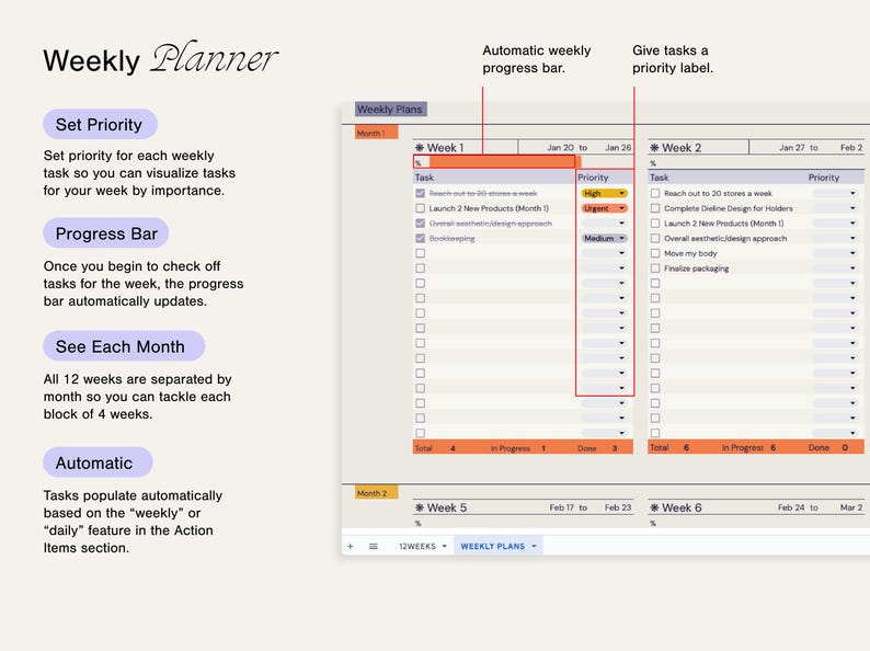 Task For Next Week 12 Week Year Goal Planner: Google Sheets Project Tracker (digital ...