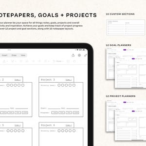 May include: A screenshot of a digital planner app on a tablet. The app has sections for note papers, goals, and projects. The app has a simple, clean design with a white background and black text. The app has a variety of templates for different types of planning.