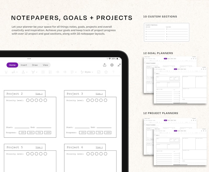 May include: A screenshot of a digital planner app on a tablet. The app has sections for note papers, goals, and projects. The app has a simple, clean design with a white background and black text. The app has a variety of templates for different types of planning.