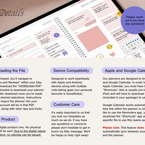 May include: Digital planner displayed on a tablet, featuring a spiral-bound notebook with pink and white pages. The planner includes sections for scheduling, goal setting, and notes. Text on the screen includes "The Details" and "Please reach out if you have any questions!"