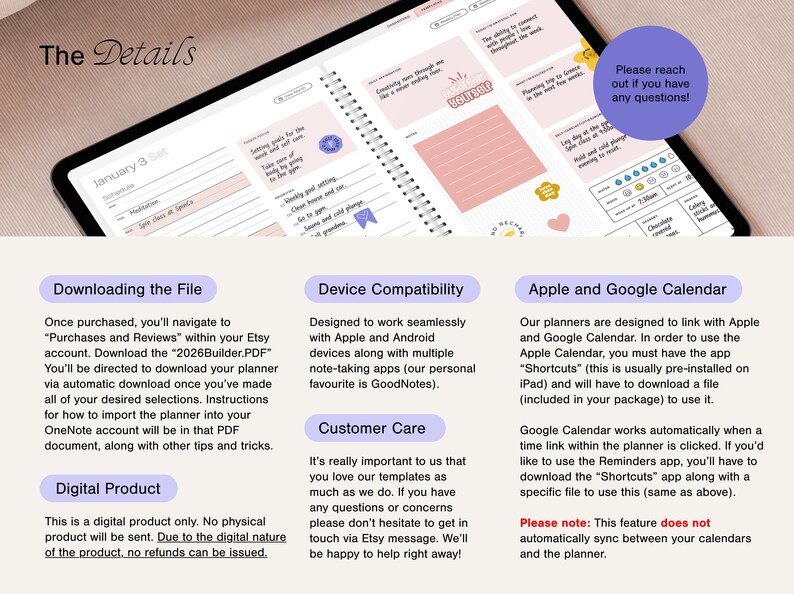 May include: Digital planner displayed on a tablet, featuring a spiral-bound notebook with pink and white pages. The planner includes sections for scheduling, goal setting, and notes. Text on the screen includes "The Details" and "Please reach out if you have any questions!"