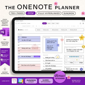 Peut inclure: Un planificateur numérique affiché sur une tablette, avec une mise en page claire et organisée avec des sections pour la planification quotidienne, hebdomadaire et mensuelle. Le planificateur comprend le texte "THE ONENOTE PLANNER", "2026" et "750+ PAGES".