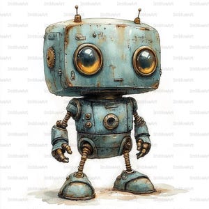 May include: A watercolour illustration of a vintage robot. It has a box-shaped head, large yellow eyes, and a weathered, teal-coloured body. The robot has articulated arms and legs, with antenna-like features on top of its head. The design evokes nostalgia.