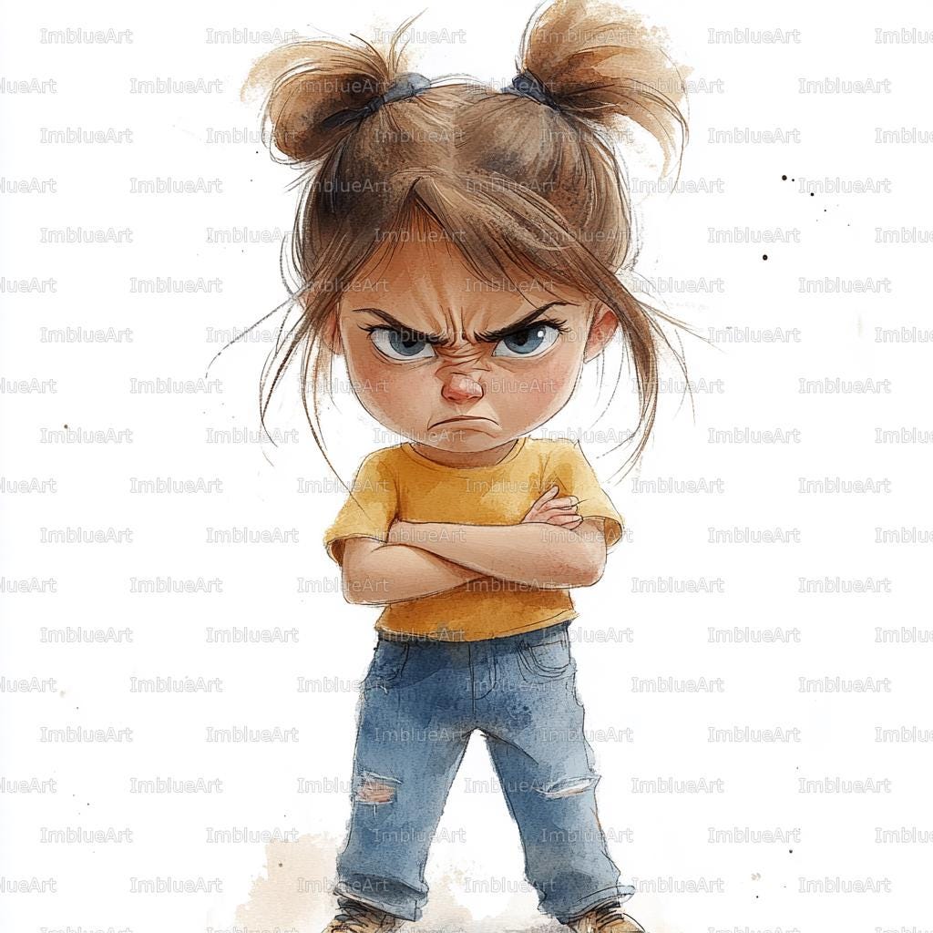 Grumpy Kid Sign 24 Funny Angry Girl Clipart, Grumpy Kid Character, Expressive Child ...