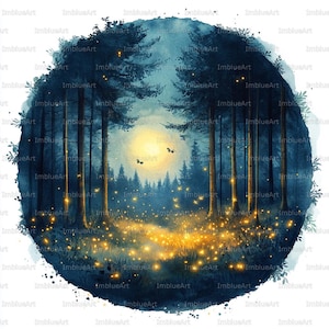 Puede incluir: Pintura circular de acuarela de un bosque al anochecer. Altos y oscuros árboles enmarcan un camino iluminado por luces brillantes, que conduce a un sol amarillo brillante. Dos mariposas revolotean en el cielo. La obra está enmarcada por un borde azul oscuro.