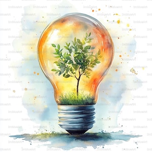 May include: Watercolor painting of a lightbulb with a tree inside. The bulb is transparent with orange and yellow hues, and the tree has green leaves and sits in a patch of grass. The base of the bulb is silver.