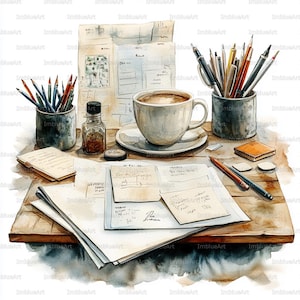 Op de afbeelding: Waterverfillustratie van een werkruimte met een kop koffie, potloden, pennen en papieren. Een kleine fles en een notitieblok liggen ook op het houten bureau. De scène roept een gevoel van creativiteit en focus op.