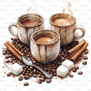 May include: Watercolor illustration of three coffee mugs and a small cup filled with coffee, surrounded by coffee beans, cinnamon sticks, sugar cubes, and a spoon. The mugs have a rustic, dripped design.