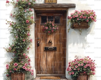 24 Cottage Door Clipart, Cozy Cottage Entrance, Watercolor Printable JPG, High Quality 300 DPI, Scrapbook, Junk Journal