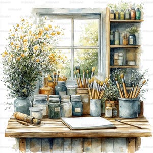 May include: Watercolor painting of an artist's workspace. A wooden table holds jars of paint, paintbrushes, and a sketchbook. A window and a shelf with more supplies are in the background. A vase of yellow flowers sits on the left.