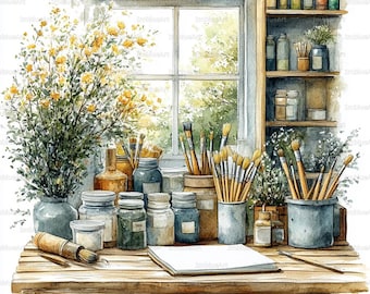 May include: Watercolor painting of an artist's workspace. A wooden table holds jars of paint, paintbrushes, and a sketchbook. A window and a shelf with more supplies are in the background. A vase of yellow flowers sits on the left.