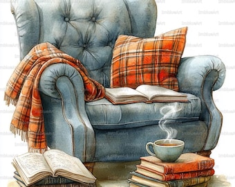 May include: Watercolor illustration of a cozy reading nook. A blue armchair is adorned with a plaid blanket and pillow. Open books and a stack of books are placed around the chair. A cup of coffee sits on a stack of books, with steam rising.