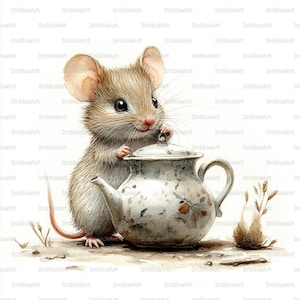 May include: Watercolor illustration of a cute mouse with large ears and a long tail, holding a vintage teapot. The teapot is white with floral patterns. The artwork has a soft, whimsical style, perfect for nursery decor or a children's room.