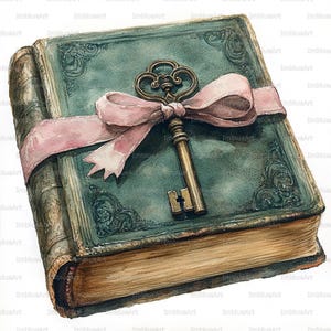 May include: Watercolor illustration of a vintage book with a teal cover, gold-colored key, and pink ribbon. The book has ornate corner designs and aged paper edges, creating a classic, antique aesthetic.