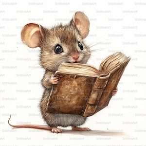 May include: A watercolor illustration of a small, brown mouse engrossed in reading a large, antique book. The mouse has big, dark eyes and large ears, with the book's pages open, showcasing its aged appearance.
