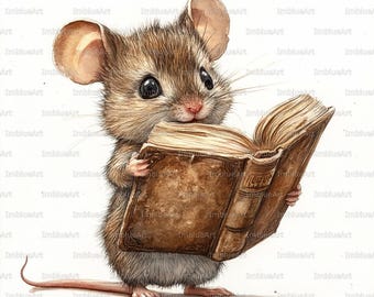 24 Mouse with Book Clipart, Funny Library Animal Reading Big Book Scene, Watercolor Printable JPG 300 DPI, Scrapbook, Junk Journal