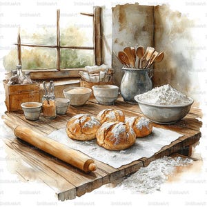 24 Clipart med hembakning, mysig köksscen med bakverk, bröd och bakverktyg, akvarell utskrivbar JPG 300 DPI, klippbok, skräpjournal