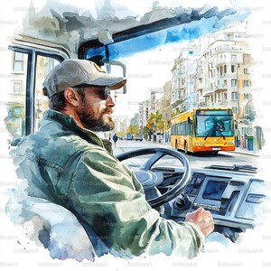 Puede incluir: Pintura a la acuarela de un conductor de autobús con chaqueta y gorra verdes, conduciendo un autobús. La escena incluye un autobús amarillo en una calle de la ciudad con edificios al fondo. El estilo es artístico e ilustrativo.