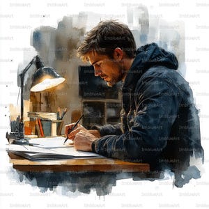 Puede incluir: Pintura a la acuarela de una persona escribiendo en un escritorio, iluminada por una lámpara de escritorio. La persona lleva una chaqueta oscura y se concentra en los papeles. Se ven libros y lápices en el escritorio. La obra tiene un estilo artístico suave.