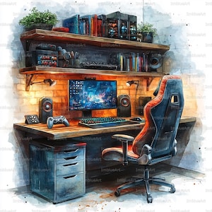 May include: A watercolour illustration of a gaming setup, including a desk, chair, and shelves. The desk has a monitor, keyboard, speakers, and a game controller. The chair is black and red. Shelves display books and decorative items.