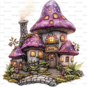 Pode incluir: Ilustração em aquarela de uma casa de cogumelos caprichosa com chapéus roxos e janelas brilhantes. A casa tem uma chaminé de pedra, uma porta de madeira com um letreiro "Home" e é cercada por vegetação exuberante e uma ponte de pedra.