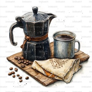 以下が含まれることがあります： 茶色のレザーストラップが付いた黒い金属製のモカポット、黒いコーヒーが入った金属製のマグカップ、そして木製のボードの上に置かれた焙煎コーヒー豆と、薄茶色の模様がプリントされた折りたたまれたクリーム色の布。