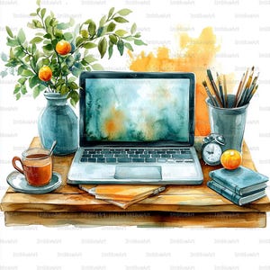 May include: Watercolor illustration of a workspace with a laptop, coffee cup, and art supplies. A blue vase holds a branch with oranges. A small alarm clock and books are also on the wooden desk.
