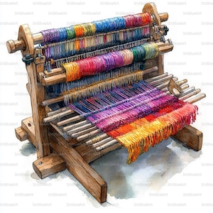 May include: A traditional wooden weaving loom, featuring vibrant threads in blue, green, red, orange, and purple. The loom is constructed from light brown wood. The woven fabric, showcasing a gradient of colours, is partially visible at the base.