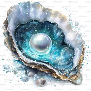 May include: An open oyster shell containing a large, luminous white pearl. The interior of the shell features a vibrant, swirling galaxy-like pattern in shades of deep blue, turquoise, and white, accented with sparkling light dots and water droplets.
