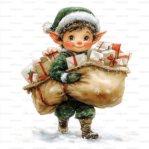 May include: Watercolor illustration of a cheerful elf carrying two large sacks filled with wrapped gifts. The elf is dressed in a green outfit and hat with white trim, and brown boots. Snowflakes are scattered around the elf.