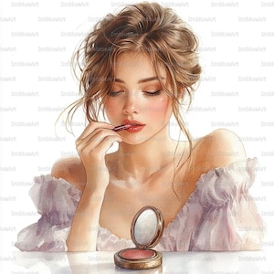 Può includere: Illustrazione ad acquerello di una donna che applica il rossetto. Indossa un top lilla chiaro con spalle scoperte. Un piccolo compatto rotondo con specchio e fard è sul tavolo. L'opera è firmata "ImblusArt".