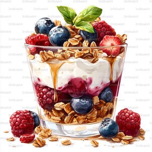 Puede incluir: Ilustración en acuarela de un parfait en un vaso transparente. Se ven capas de granola, yogur y frutos rojos mixtos, incluyendo arándanos, frambuesas y fresas. La miel gotea por el costado y hojas frescas de albahaca adornan la parte superior.