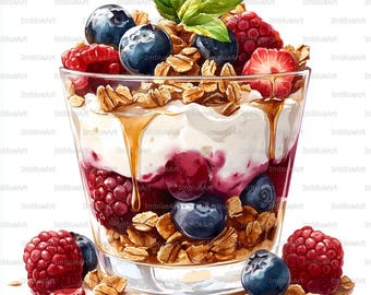 24 Yogurt Parfait Clipart, Healthy Breakfast Bowl, Watercolor Printable JPG, High Quality 300 DPI, Scrapbook, Junk Journal