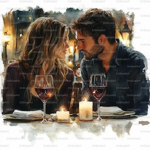 以下が含まれることがあります： ロマンチックなディナーのシーンを描いた水彩画。男性と女性が、ろうそく、ワイングラス、お皿のあるテーブルを挟んで向かい合っています。このアートワークは、柔らかく暖かい色使いで、親密さと雰囲気を醸し出しています。