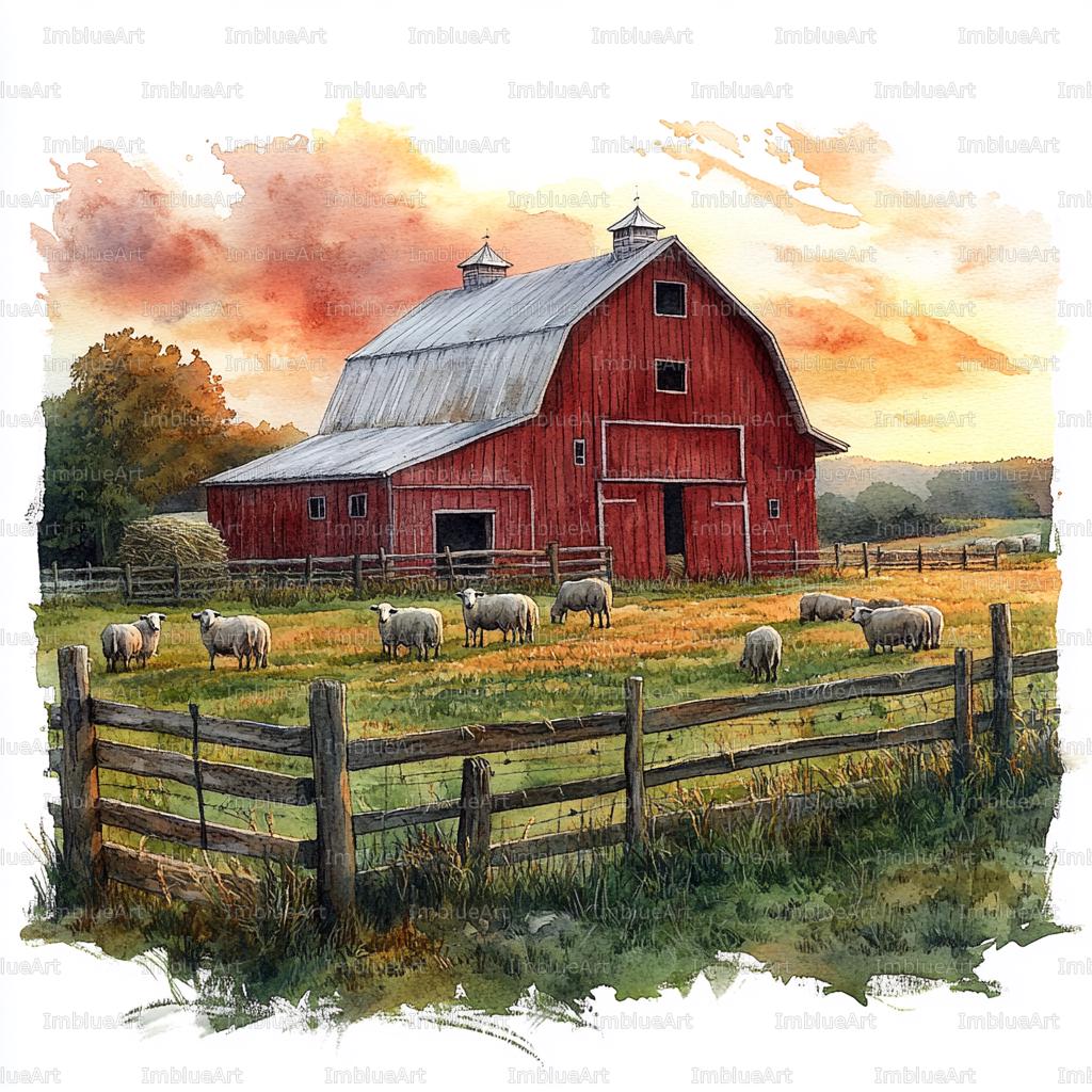 24 Farm Sunset Clipart, Peaceful Farmyard Evening Scene, Watercolor ...