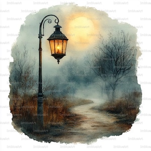 24 Vintage Lantern Clipart, Glowing Lantern in Fog Watercolor Printable JPG 300 DPI, Rustic Light, Scrapbook, Junk Journal