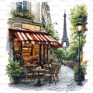 Könnte beinhalten: Aquarellmalerei eines Pariser Cafés mit einer rot-weiß gestreiften Markise. Tische und Stühle stehen draußen auf einer Kopfsteinpflasterstraße. Der Eiffelturm ist im Hintergrund zu sehen. Das Café hat ein Schild mit der Aufschrift "Le Plaisir".