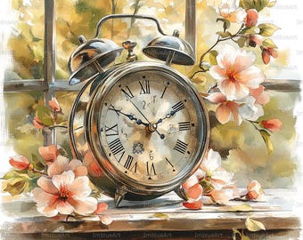 24 vintage klok met vallende bloemblaadjes clipart, poëtische tijdherinneringscène, romantische nostalgie, aquarel afdrukbare JPG, plakboek, ongewenste dagboek